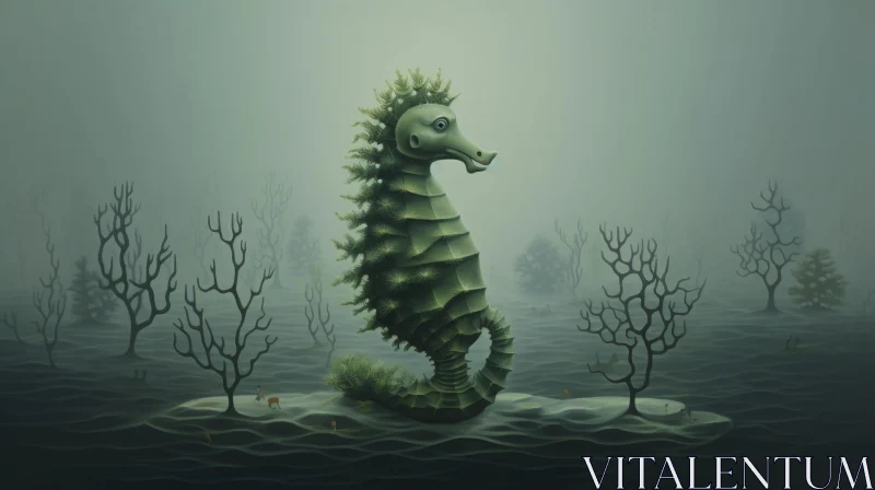 Ethereal Surrealism: Green Seahorse in Flooded Forest AI Image