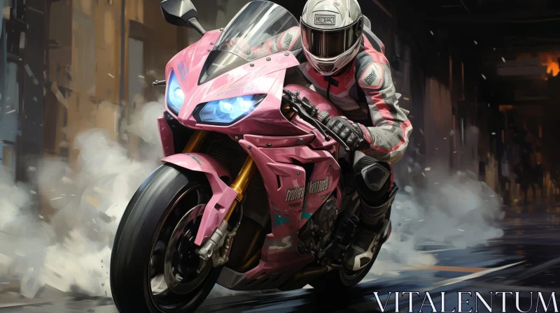 Fast Motorcyclist on Pink Sport Bike in City Street AI Image