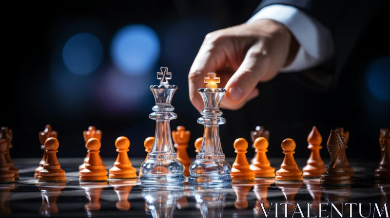 Glass Chess Pieces on Chessboard with Hand Movement AI Image