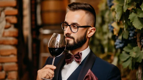 Man in Suit with Glass of Red Wine in Wine Cellar