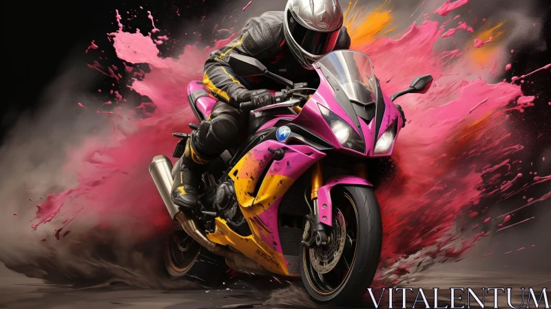 AI ART Man Riding Pink and Yellow Sport Motorcycle