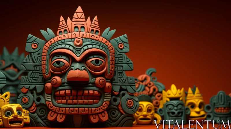 Mayan Mask 3D Rendering - Stone Texture Details AI Image