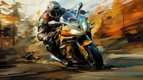 Motorcyclist Riding on Winding Road - Realistic Painting