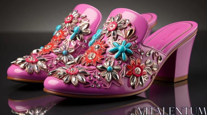 AI ART Pink Leather Floral Embellished Mules