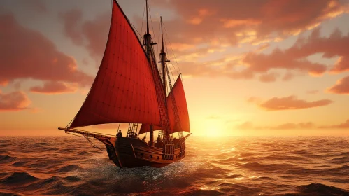 Pirate Ship Sailing on High Seas - Digital Painting