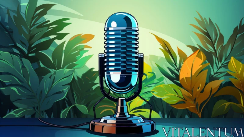 Vintage Microphone on Green Jungle Background AI Image