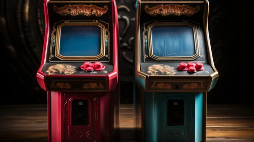 Vintage Retro Arcade Machines on Wooden Table