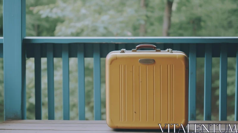 AI ART Yellow Suitcase on Wooden Porch: Vibrant Image