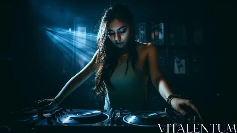 Young Female DJ Mixing Music at Turntable AI Image