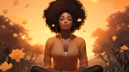 Young Woman Meditating in Nature at Sunset