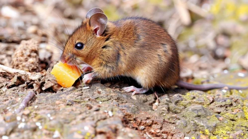 Adorable Mouse Eating Cheese on Rock
