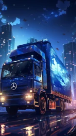 Blue Truck in City Night Digital Painting