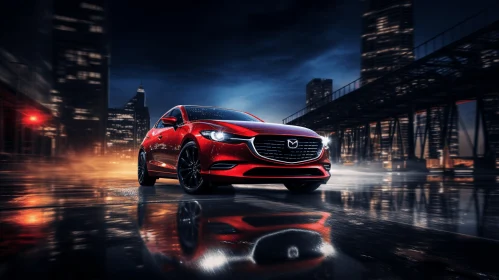 Captivating Red Mazda CX-3 on Wet Roadway | Night Photography