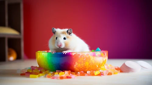 Colorful Hamster in Rainbow Bowl with Candy