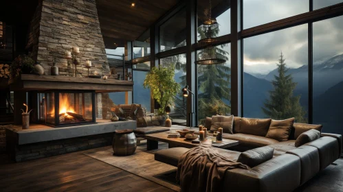 Cozy Modern Living Room with Stone Fireplace and Mountain View