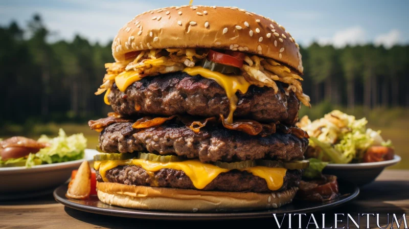AI ART Delicious Triple Cheeseburger with Forest Background