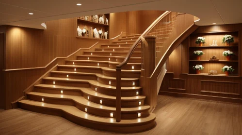 Elegant Wooden Staircase with Curved Handrail and Illumination