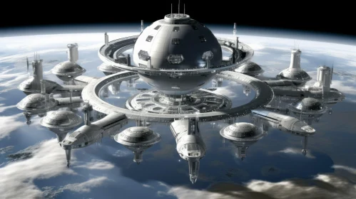 Futuristic Space Station Orbiting Blue Planet