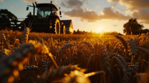 Golden Wheat Field and Tractor at Sunset