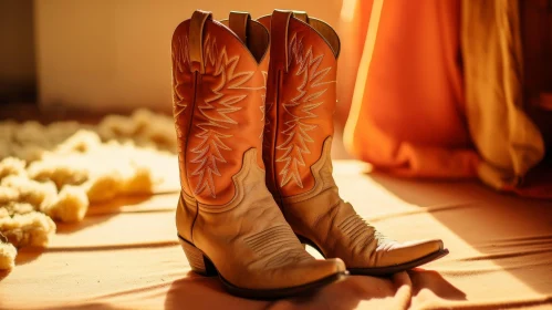 Light Brown Cowboy Boots on White Rug