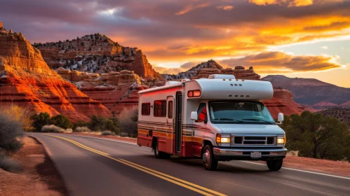Scenic Desert Road Trip with RV at Sunset