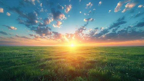 Tranquil Sunset Landscape: Green Field and Radiant Sky
