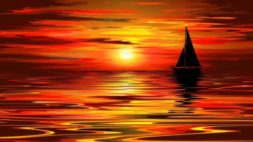 Tranquil Sunset Over Ocean - Sailboat Silhouette