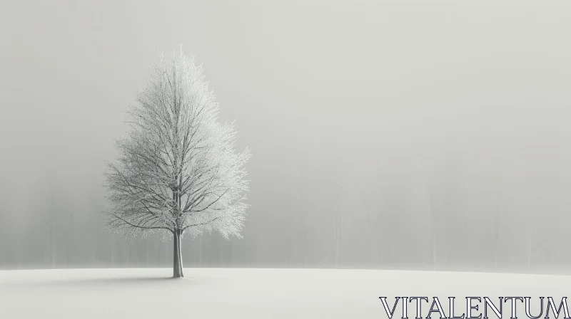 Tranquil Winter Landscape with Snow-covered Tree AI Image