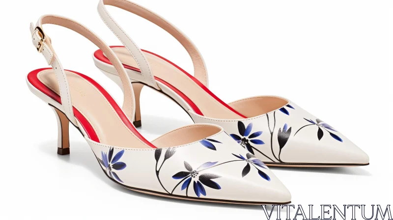 White High Heel Slingback Shoes with Floral Pattern AI Image
