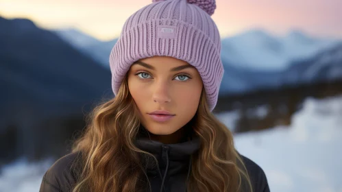 Young Woman in Purple Beanie Hat in Snowy Landscape