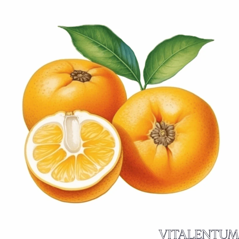 Detailed Botanical Illustrations of Three Oranges on White Background AI Image