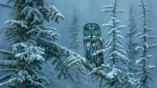 Great Gray Owl in Snow-Covered Tree Painting