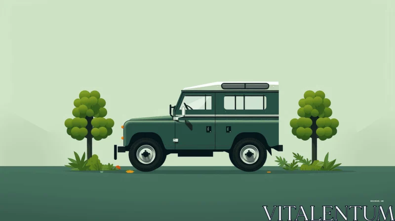 AI ART Green Land Rover Driving in Lush Countryside - Flat Illustration