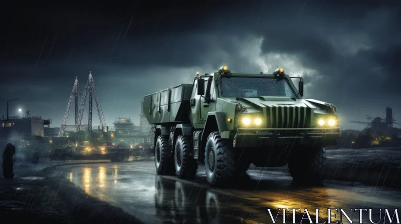 AI ART Green Military Truck Driving on Wet Road at Night