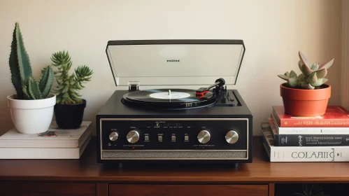 Monochrome Turntable and Record on Wooden Table