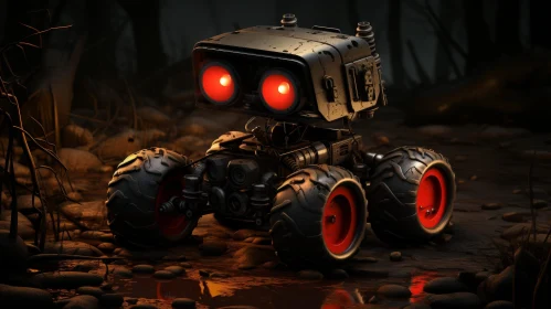 Mysterious Robot in Dark Forest - 3D Rendering