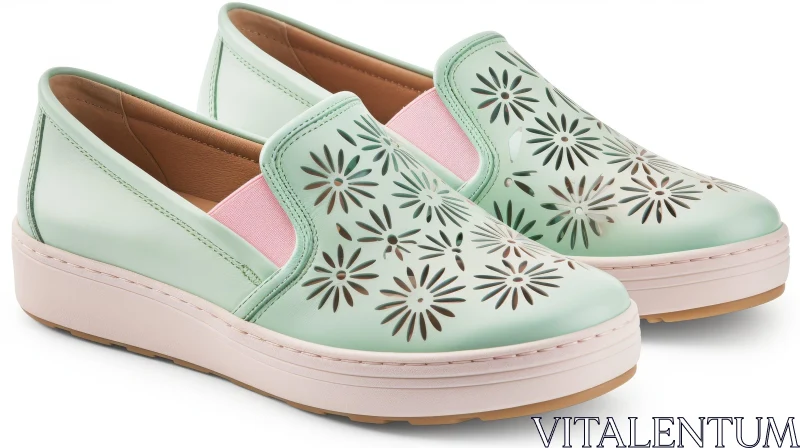 Pale Green Leather Slip-On Shoes with Floral Pattern AI Image