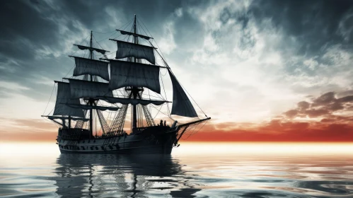 Pirate Ship Sailing on Rough Sea Digital Painting