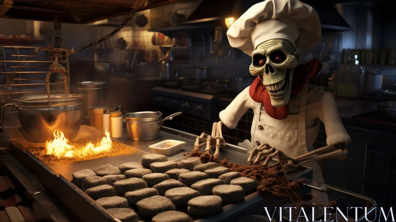 Sinister Skeleton Chef Cooking in Dark Kitchen AI Image