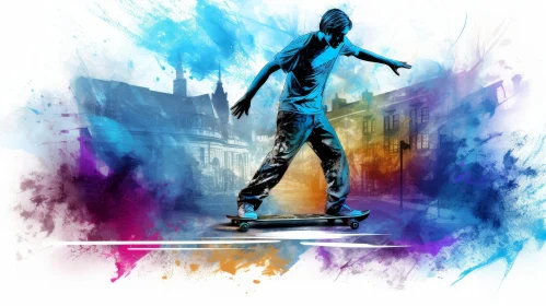 Urban Watercolor Painting of Young Man Skateboarding
