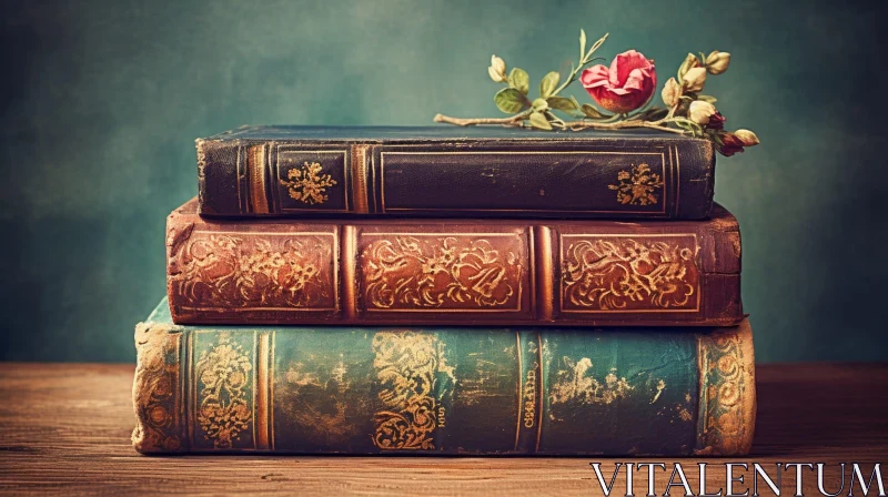 Vintage Books on Table with Pink Rose AI Image