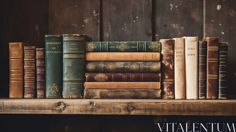 AI ART Vintage Wooden Shelf with Old Books