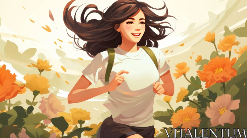 Young Woman Running in Flower Field Illustration AI Image