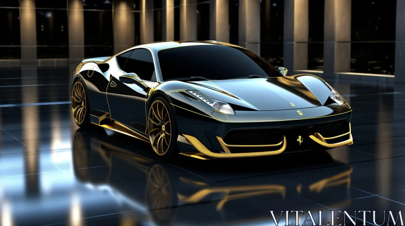 AI ART Luxurious Black and Gold Ferrari 458 Italia in Spotlight