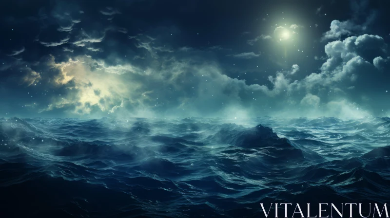 Moonlit Ocean Scene with Choppy Waves and Clouds AI Image