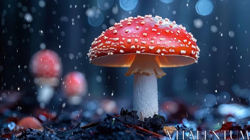 Red Mushroom in Forest with Raindrops AI Image