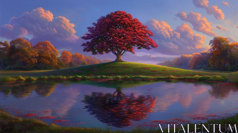 Serene Landscape Painting with Red Tree in Green Field AI Image