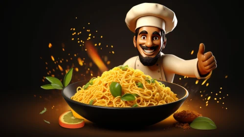 Smiling Chef with Pasta - 3D Rendering