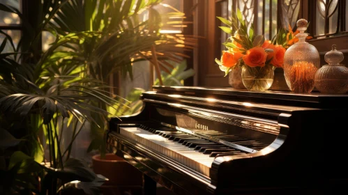 Sunlit Room Piano with Flowers