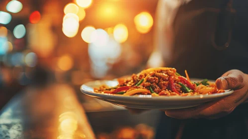 Waiter Holding Plate of Stir-Fried Vegetables and Meat